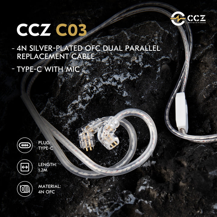 【CCZ C03】IEM Cable, Replacement USB C Type-C Earphone Cable, Upgraded in Ear Monitor Wire with Microphone, 1.2m 4N Silver-Plated OFC Dual Parallel Headphone Wire